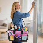 ZKOO Large Cleaning Caddy Bag with Handle, Built-in Sturdy Support Board, Adjustable Shoulder Strap, Multi-compartment Design Cleaning Supply Tote for Cleaners & Housekeepers (Pink) - color: Pink