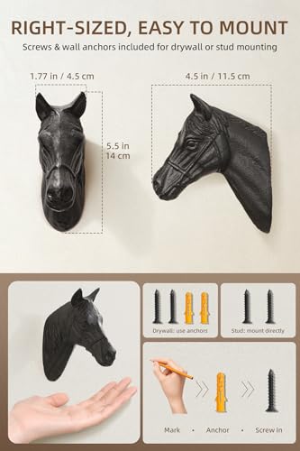 Cast Iron Horse Head Wall Hook, Western Decorative Hook, Equestrian Tack Room Decor Bridle Hook for Barn Stable Stall Door, and Coats, Performs Good in Any Home or Office Space - color: Horse Head Rustic Black