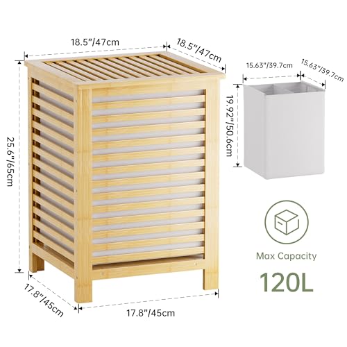 SMIBUY Double Laundry Hamper with Lid, 120L Bamboo Laundry Basket with Removable Liner Bag, 2-Section Clothes Divider Laundry Sorter for Laundry Room, Bathroom, Bedroom (Natural) - color: Natural