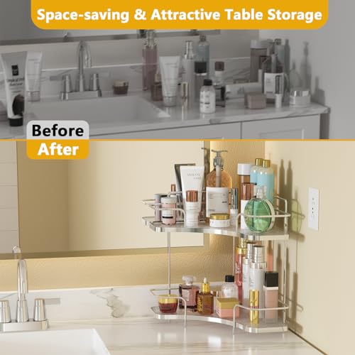 FOLLOWIN 2 Tier Bathroom Countertop Corner Organizer,Countertop Perfume Tray,Vanity Counter Shelf,Skincare Makeup Cosmetic Vanity Organizers,Silver - color: Silver