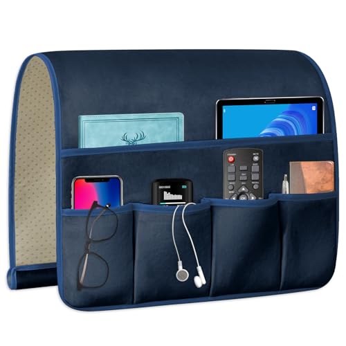 TV Remote Control Holder Couch Caddy, Non-slip Bedside Caddy Organizer with 5 Pockets for Key Glasses Phone Magazine Holders - color: Blue-A, size: 35''x18''
