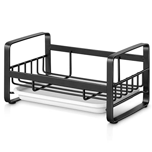 HULISEN Kitchen Sink Sponge Holder, 304 Stainless Steel Kitchen Soap Dispenser Caddy Organizer, Countertop Soap Dish Rack Drainer with Removable Drain Tray, not Including Dispenser and Brush, Black - color: Black, size: Medium