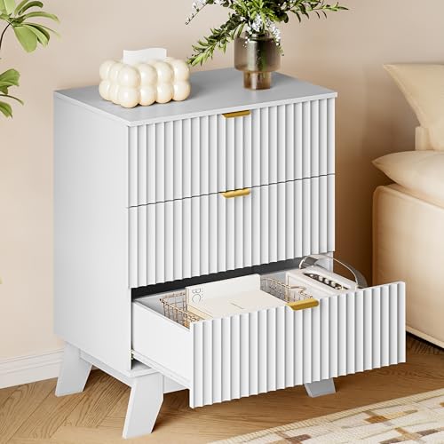 BORNOON Fluted 3 Drawer Dresser, 30.3" Tall Compact Modern Boho Chest of Drawers, Wooden Storage Cabinet for Bedroom, Living Room, Entryway, Curved Profile Design - color: Pure White, size: 3 Drawers