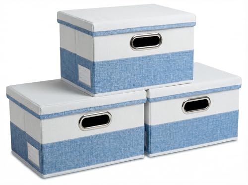 PRANDOM Storage Bins with Lids [3-Pack] Linen Fabric Foldable Storage Boxes Organizer Containers Baskets Cube with Cover for Bedroom Closet Office Blue&White（11.4X8.6X6.7 - color: Blue&Cream, size: S(3-Pack)