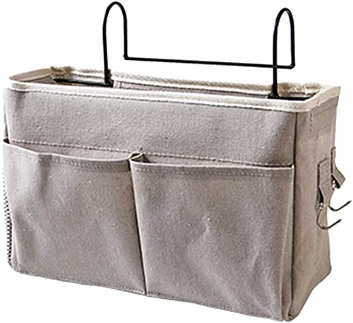 Bedside Caddy,Hanging Basket Bedside Organizer Storage for College Bunk Dorm Rooms Hospital Beds Rails,Grey Canvas Sturdy Iron Frame with Side Mesh Pocket for Glasses Books Phones Keys Cable - color: Grey