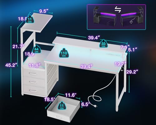 AODK 52 Inch Gaming Desk with USB Charging Ports & LED Light- Reversible Computer Desk with Storage Shelves & Monitor Stand, Modern Gamer Desk Table with Fabric Drawers, White - color: White, size: 52 inches