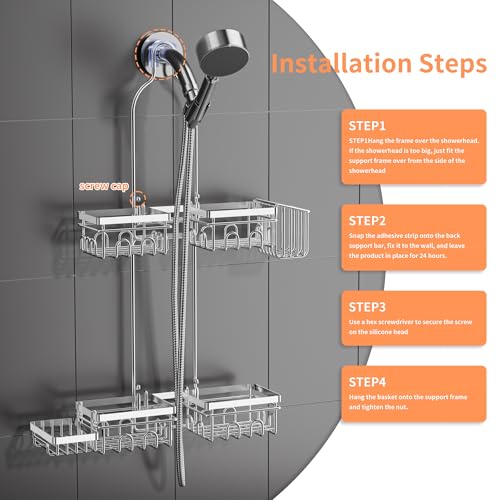 DAOYA Shower Caddy Hanging - Over Shower Head Caddy, 0.82 inch Universal with 2 Shelves, Soap Holder, Toothbrush Holder & Reusable Suction Hook, Complete Silver Bath Organizer Set - color: Silver