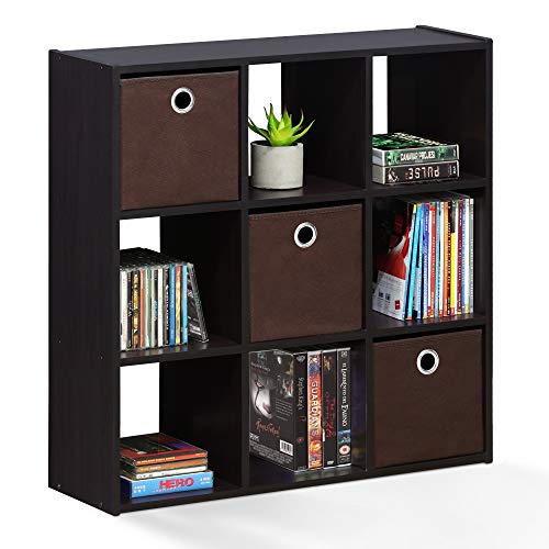 Furinno Simplistic 9-Cube Organizer with Bins, Small Size (Assembled Unit Dimensions : 7.9"D x 26.5"W x 26.7"H Inches), Dark Walnut - color: Dark Walnut, size: 9-Cube with Bin