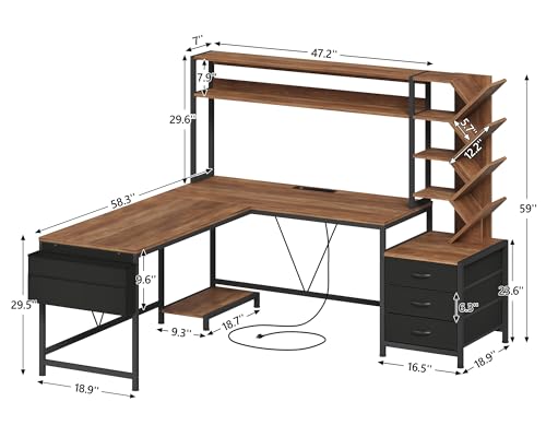 YOMILUVE L Shaped Desk with Hutch, Reversible Computer Desk with Drawers and Bookshelf, Home Office Desks with Storage Shelves for Bedroom Home Office, Brown and Black - color: Brown and Black