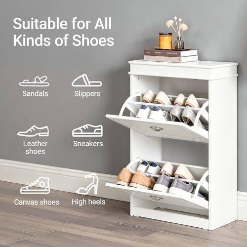 Haotian Small Shoe Cabinet, White 2 Flip Drawers Freestanding Shoe Rack, Shoe Storage Cupboard Organizer (9.45" D x 20.87" W x 32.28" H), FSR78-W - color: White, size: 2 Drawers (S)