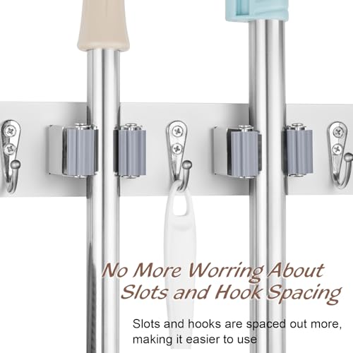 OUTNILI White Mop Broom Holder Wall Mount with 3 Slots & 4 Hooks - Wood Broom Mop Hanger for Pantry Kitchen Organization - Garden Tool Organizer for Closet Laundry Room - color: White-3 Grips, size: 1 Pack