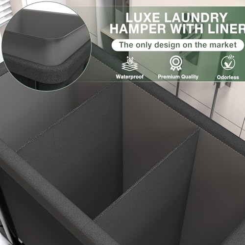 60 Gal(230L) High Grade Large Laundry Basket with Wheels, Rolling Laundry Hamper, Laundry Cart with Metal Frame and Removable Bag Design, Suitable for Laundry Room, Bedroom (Black, 3 Section 230L) - color: Black, size: 3 Section 230L