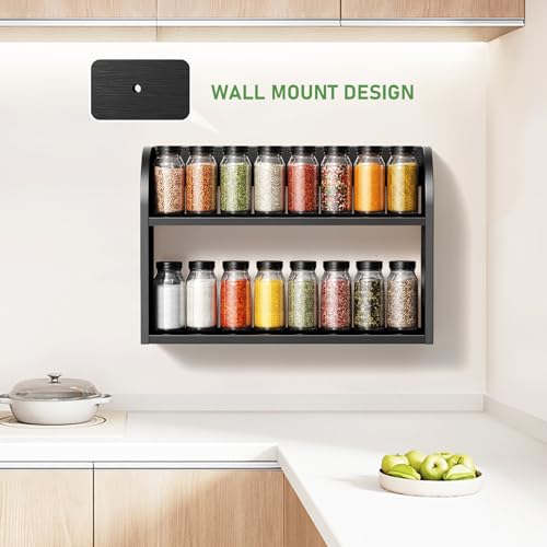 ROMGUAR CRAFT 2 Tier Bamboo Spice Rack, Countertop or Wall Mounting Wood Spice Jars Organizer Shelf for Kitche, Pantry (Black) - color: Black, size: 2 Tier