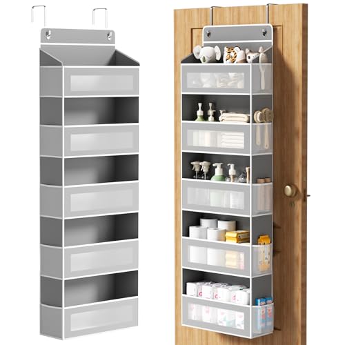 Over The Door Organizer, Over the Door Storage with 5 Large 10 Side Pockets, Hanging Door Organizer 44 lb Load Behind Door Storage, Hanging Shelf for Closet Wall Bedroom Bathroom Nursery, 5-Tier Grey