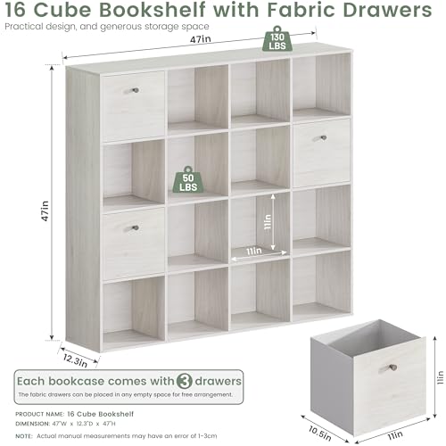 16 Cube Storage Organizer, White Bookcase with 2 Fabric Drawers, Freestanding Book Shelf for Bedroom Living Room, Office Cubby Shelf, Display Rack with Open Shelves, Washed White Bookshelf 47” Wide - color: Washed White, size: 16 Cube