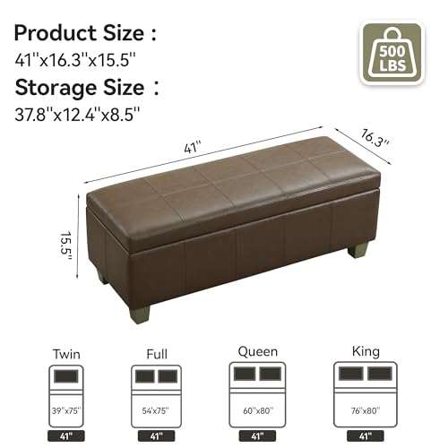 WUTUTUEE 41" Faux Leather Storage Ottoman, Stitch Tufted Rectangle Upholstered End of Bed Storage Bench, Entryway Large Couch Ottoman with Wooden Legs, Coffee - color: Coffee, size: 41 Inch