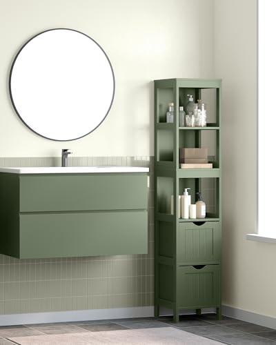 VASAGLE Storage Cabinet, Storage Organizer Rack Stand for Bathroom, Living Room, Multifunctional Corner Unit, 2 Drawers, 55.7 Inches in Height, Forest Green UBBC066C01 - color: Forest Green, size: 55.7"H