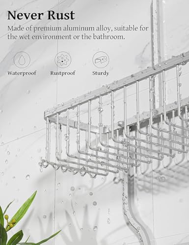 YASONIC Never-Rust Aluminum Hanging Shower Caddy – Over-the-Showerhead Organizer with 10 Hooks for Razor and Sponge – Includes Soap Basket – Silver - color: Silver