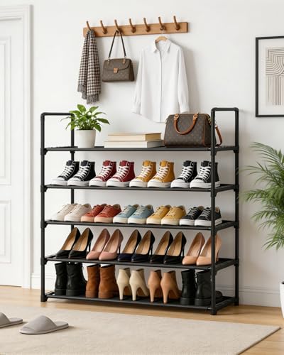 5 Tier Shoe Rack Large Capacity, 34.3" Wide Adjustable Shoe Organizer for 20-25 Pairs, Sturdy Non-Woven Shoe Rack Shelf Multi-Purpose Storage Unit for Closet, Hallway, Entryway,Garage,Black - size: 5-Tier(Black)-34.3"W
