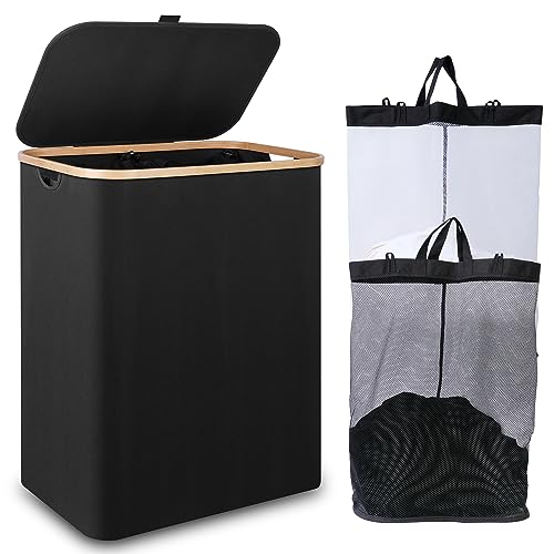 iEGrow 150L Laundry Basket with Lid,Large Laundry Hamper with Bamboo Handles, Hampers for Laundry, Dirty Clothes Hamper with 2 Removable Inner Bags for Clothes Toys Towels,Black - color: Black, size: 150L