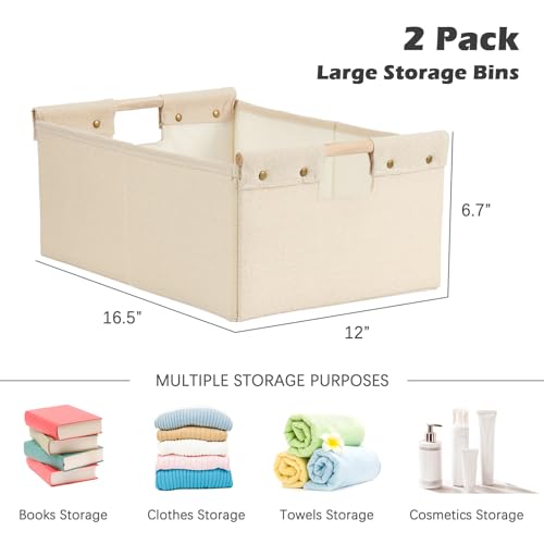 2PCS Storage Bins Cotton Linen Fabric Storage Boxes Basket with Wooden Handles Label Tag Foldable Washable Decorative Shelf Container Clothes Organizer Home Laundry - Large Size, Beige - color: Beige, size: Large (Pack of 2)