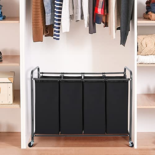 STO STO Laundry Sorter 4 Section, 4 Bag Clothes Hamper, Rolling Laundry Cart Basket with Heavy Duty Lockable Wheels and Removable Bag for Laundry Room, Bedroom, Closet, Black - color: Black, size: 4-Section