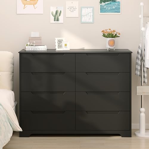 Gizoon 8 Drawer Dresser, 47" Wide Black Dresser for Bedroom with Cut-Out Handles, Modern Wooden Chest of Drawers with Anti-Tip Kit, for Living Room, Hallway, Entryway, Home Office - color: Black, size: 15.7"D x 47.2"W x 35.4"H (8 Drawers)