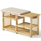 Amazer Bamboo Shoe Rack Bench, 3-Tier Shoe Bench Height Adjustable, Entry Bench with Side Storage Strap, Shoes Organizer Storage Bench, Shoe Shelf with Seat Cushion for Entryway, Living Room, Hallway