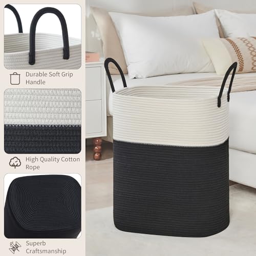 AINUOQI Laundry Basket with Handles - Blanket Basket & Hampers for Bedroom Aesthetic, Laundry Hamper & Blanket Storage for Living Room, Clothes Hamper, Tall, Large 17" x 14" x 25”, White & Black - color: White & Black, size: 85L