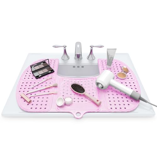Sink Topper Bathroom Counter Cover & Storage Saver, Foldable Silicone Mat for Hot Tools, Hair Styling & Makeup, Beauty Brush Cleaning Mat, RV Camper Sink Cover & for Small Spaces (Large Pink) - color: Pink, size: Large