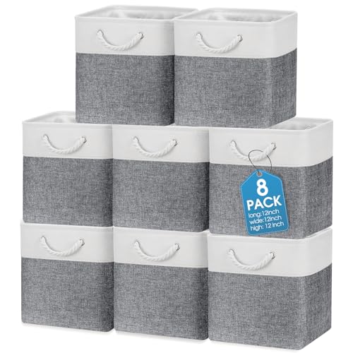 meekoo 8 Pack Collapsible Storage Bins Fabric Storage Bins Polyester Fabric Baskets with Handles Linen Closet Organizer for Shelf Home Closet Towels Toys(12 x 12 x 12 in,Gray White) - color: Gray White, size: 12 x 12 x 12 In