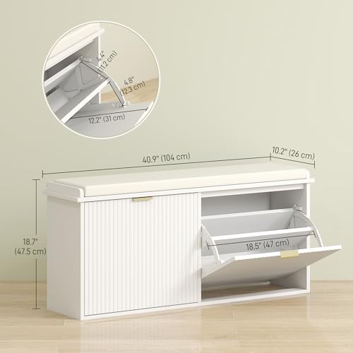 HOMCOM Shoe Bench with Padded Seat Cushion and 2 Flip-Drawers, Entryway Bench Holds up to 529lb, Shoe Cabinet, 40.9x10.2x18.7 Inches, White - color: White, size: 40.9" x 10.2" x 18.7"