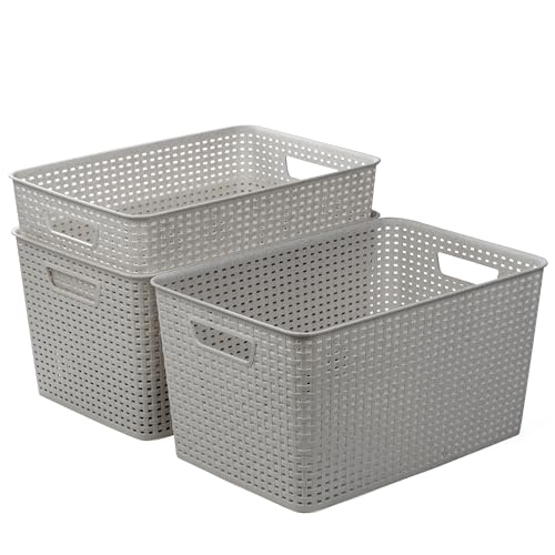 BINO | Plastic Storage Baskets, 22 Liter - 3 Pack, Natural Grey | THE WOVEN COLLECTION | Storage Basket for Shelves | Woven Storage Baskets for Organizing Bins | Pantry Shelf Organizer | Container Bin - color: Natural Grey, size: 22L | 3-Pack