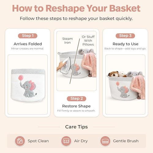 Elephant Storage Basket for Nursery – Large 15”x11” Cotton Rope Bin with Soft Felt Elephant Patch – Toy Organizer, Baby Laundry Hamper, Diaper & Towel Holder – Foldable, Washable & Baby-Safe - color: Girl Elephant