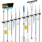 2 Pack Mop and Broom Holder Wall Mount, 5 Racks and 4 Hooks Broom Organizer Storage Tool Racks Stainless Steel Heavy Duty Hooks Self Adhesive Solid Non-slip for Home Kitchen Garden Laundry Garage - color: 5 Racks & 4 Hooks (Silver) - 2 Pack