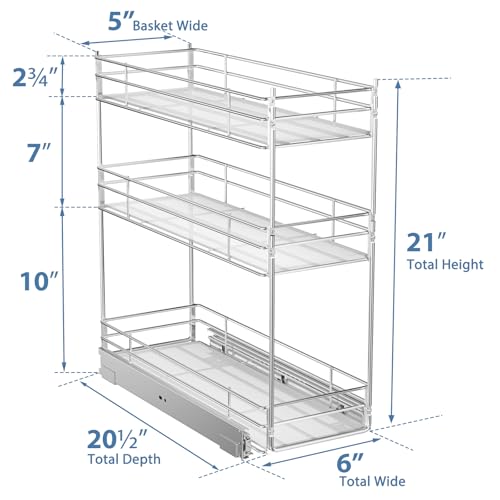 ROOMTEC Pull Out Spice Rack for Narrow Cabinet (6" W X 20½" D),3 Tier Heavy Duty Sliding Spice Cabinet Organization Shelf Racks, Pull Out Shelves Under Cabinet Storage for Kitchen - size: 6" W x 20½" D, 3 Tier, Heavy Duty
