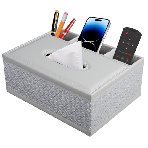 Tissue Box Cover Rectangle White Kleenex Box Holder PU Leather Facial Tissue Organizer,Multifunctional Remote Control Stationery Storage Box,Home Office Supplies Car Napkin Caddy - color: Multifunctional Tissue Box-white Weave