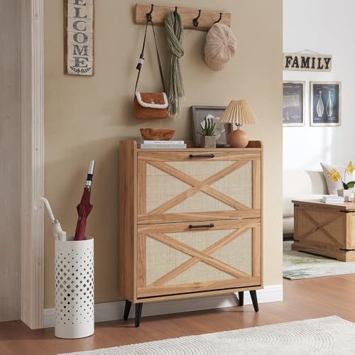 Barnyatoh Shoe Storage Cabinet, Boho Shoe Organizer with 2 Flip Drawers & Rattan Design,Farmhouse Freestanding Hidden Slim Narrow Shoe Rack Cabinet for Entryway, Foyer,Hallway, Natural - color: Natural, size: 2-Drawers