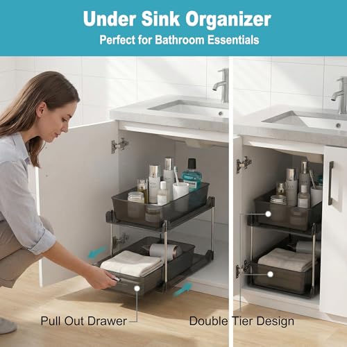2 Pack Bathroom Organizer,2 Tier Clear Under Sink Organizers Vanity Countertop Storage Container,Cabinet Drawers Bins, Pull-Out Organization with Track for Pantry, Kitchen - color: Black, size: 2 Pack