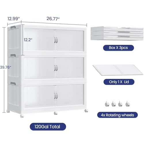 90GAL Plastic Storage Bins with Lid, 360QT Extra Large Stackable Closet Organizers and Storage, Collapsible Storage Boxes with Wheels, Folding Cabinet for Home Kitchen Office, 3Pack White - color: 30Gal-White, style: 3Pack