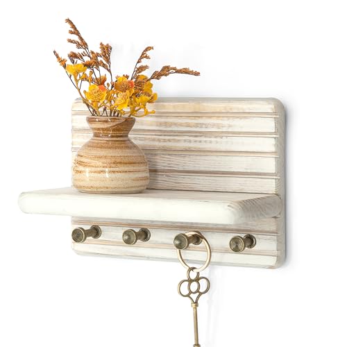 Rebee Vision Pine Wood Key Holder Wall Mount – Mini 7-inch Key Holder for Wall with Wooden Shelf – Perfect Home Decor for Entryway, Living Room & Bedroom (Distressed White) - color: Whitewash, size: Small-7inch