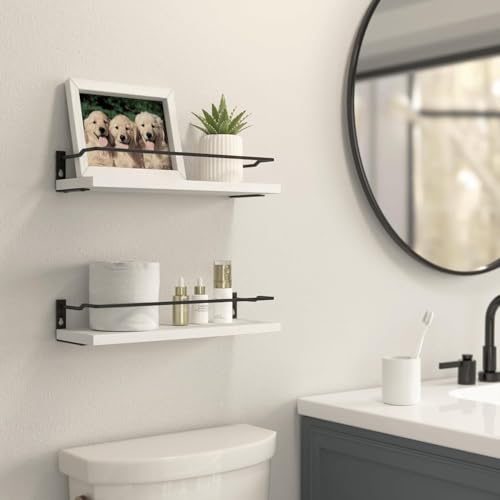 RICHER HOUSE White Bathroom Shelves, Small Floating Wall Mounted Shelf for Bathroom Decor, Guard-Rail Wood Shelving Organizer Over Toilet Kitchen Storage Shelves Set of 2 - White - color: White