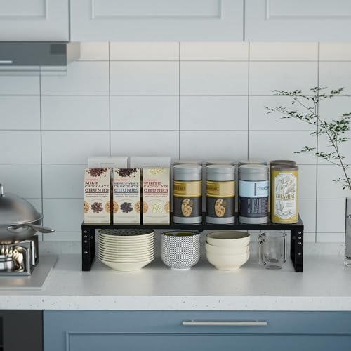 Jojocross Expandable Cabinet Shelf Organizer Storage Spice Rack Shelves for Kitchen Stackable Adjustable Pantry Cupboard Bathroom Countertop Desktop(1Pack/Black/Large-with Hole) - color: 1 Pack/Black With Hole, size: LARGE:10.1"D x 16.6~26.5"W x 6.1"/7.5"