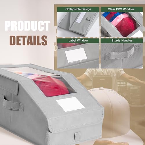 Hat Organizer for Baseball Caps, 4 Pack Stackable Hat Storage Boxes with Clear Window, Holds up to 56 Caps, Foldable Hat Organizer for Closet & Shelf, Grey