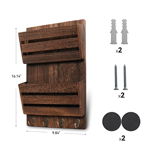 Mail Organizer Wall Mount with 4 Key Hooks, Rustic Wooden Hanging Mail Sorter Farmhouse Key Holder for Wall Decoration, 2-Slot Wall File and Magazines Bill Letter Holder (Brown) - color: Brown