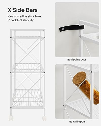 SONGMICS 3-Tier Metal Storage Rack with Wheels, Mesh Shelving Unit with X Side Frames, 31.5-Inch Width, for Entryway, Kitchen, Living Room, Bathroom, Industrial Style, White UBSC183W01 - color: White, size: 31.5"W