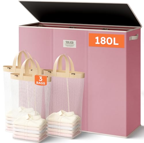SOLEDI 180L 3-Section Laundry Hamper with Lid, Extra Large Dirty Clothes Basket with Sturdy Handles for Laundry Room & Bedroom - Durable Organizer for Sorting Laundry - color: Strawberry Milkshake Pink, size: 180L