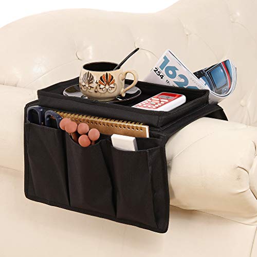 Durable Oxford Couch Sofa Armrest Organizer No-Slip Cloth Arm Chair Caddy Bedside Storage Pocket with Top Tray TV Remote Holder Bed Storage Bag for Cellphone Tablet Notepad Book Magazines DVD Glasses - color: Style-2:black