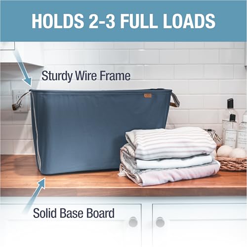CleverMade Collapsible Laundry Basket LUXE 2 Pack – 60 L (16 Gal) Foldable Cotton Blend Clothes Hamper with Vegan Leather Accents, Reinforced Handles, Space Saving Laundry Bin Holds 55 lbs - Navy - color: Navy Noir