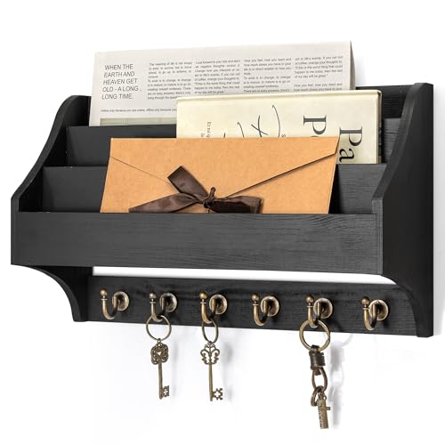 Rebee Vision Pine Wood Key Holder Wall Mount - Hanging Mail Holder for Wall with Key Hooks & 3-Tire Letter Slots - Multifunctional Wall Key Holder for Home Decor (Black) - color: Black